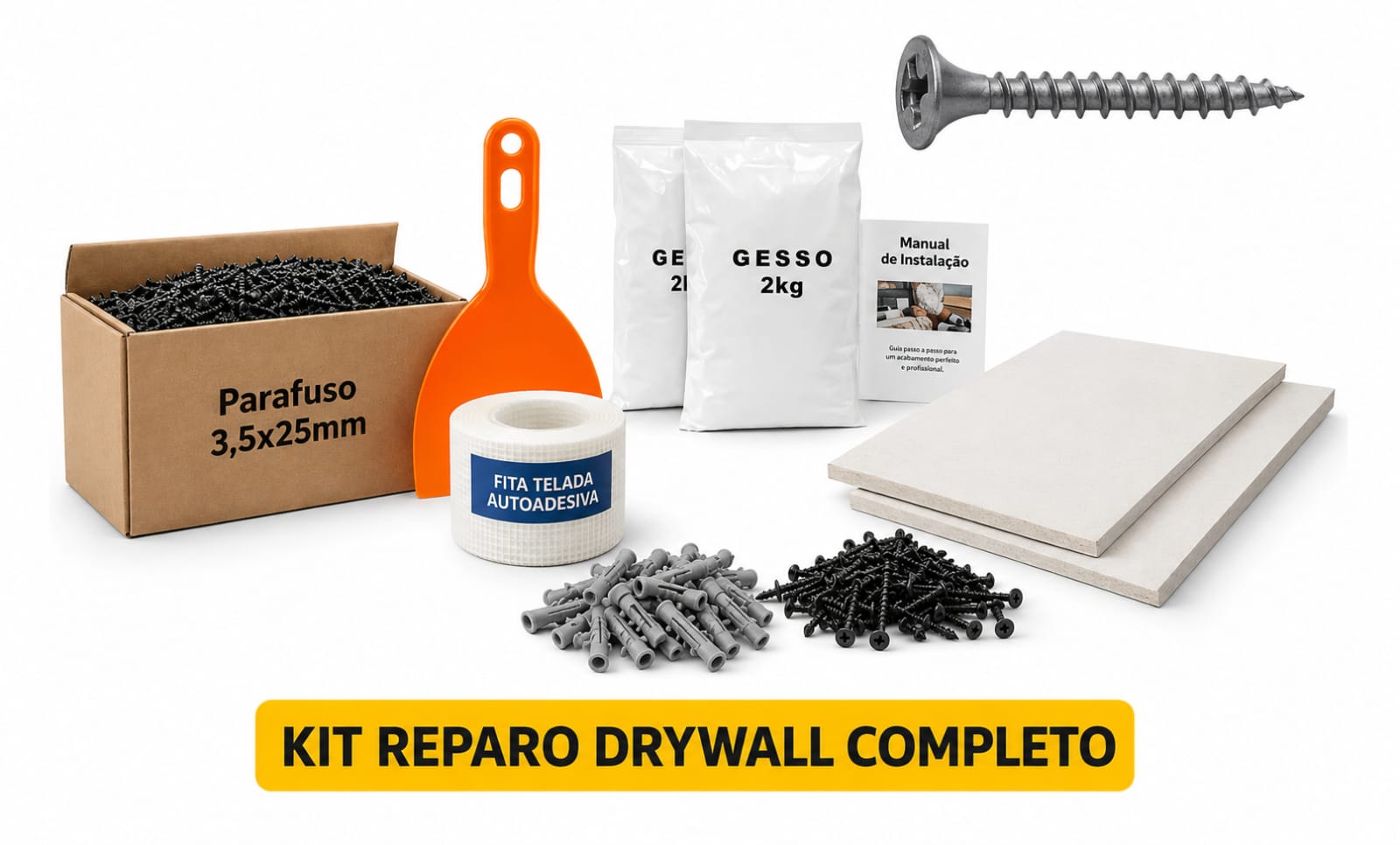 Kit Reparo Drywall Completo com Placa, Buchas, Parafusos e Gesso